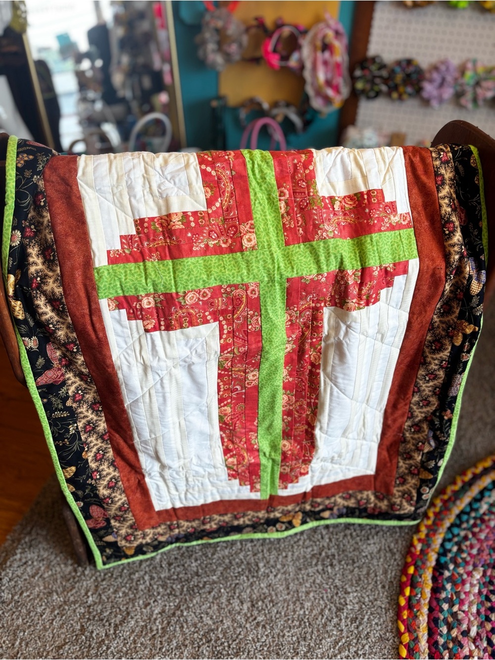 Hand Crafted Red, Green & Cream Quilted Throw with Floral Border